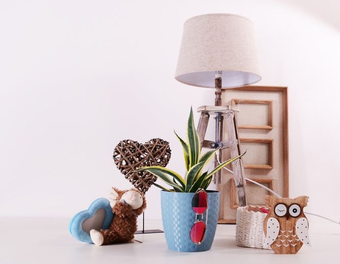 a snake plant in a pot, sunglasses, a lampshade, wooden basket
