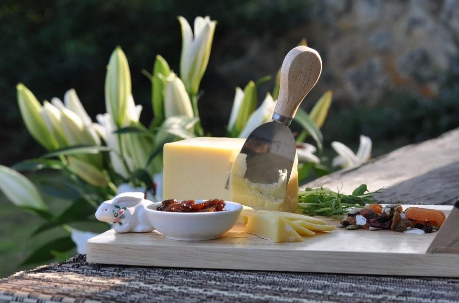 cheese platter with plants in the background; a huge slab of cheese, nuts, and a bowl on the cheese board