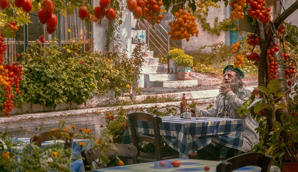 old man sitting in the middle, tables covered in blue checkered cloth, garden surrounded by circle fruits